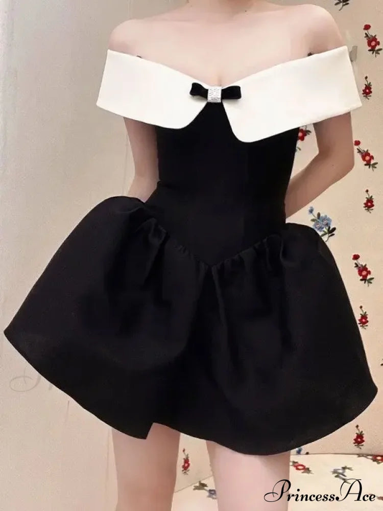 Black Off-Shoulder Contrast Charming Collar Mini Dress