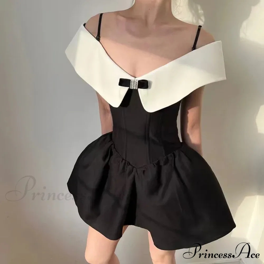 Black Off-Shoulder Contrast Charming Collar Mini Dress