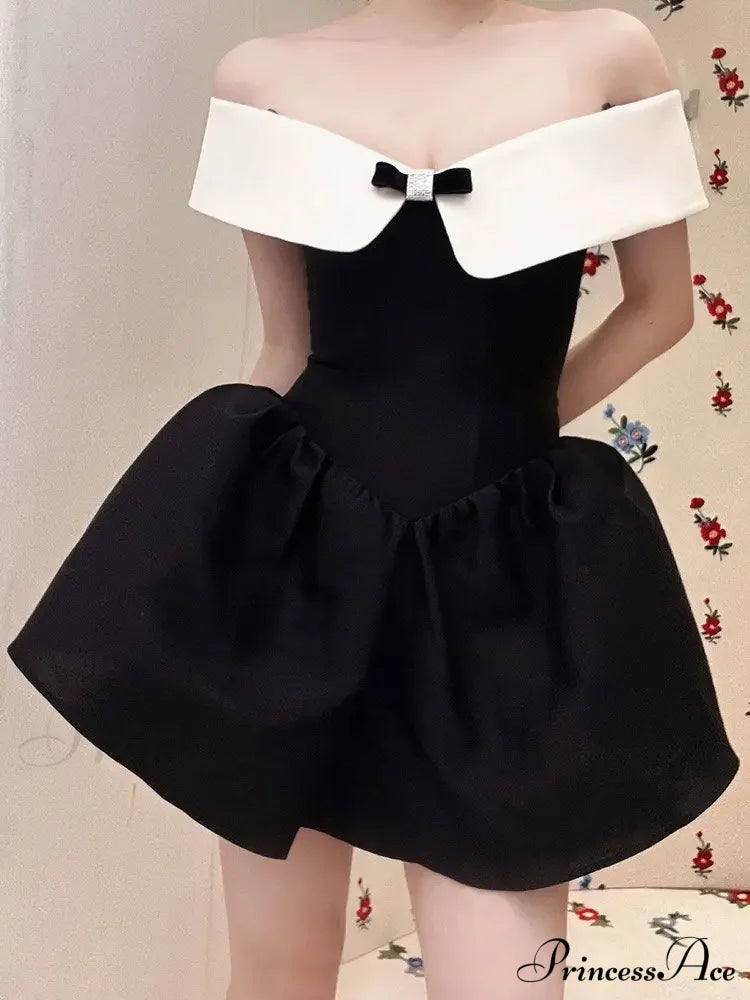 Black Off-Shoulder Contrast Charming Collar Mini Dress