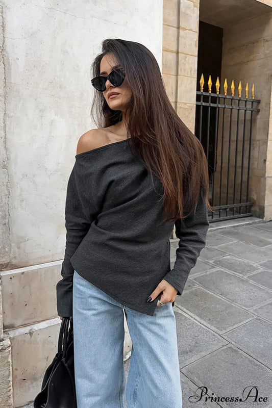 Black Off Shoulder Knit Slim Long Sleeve Tee