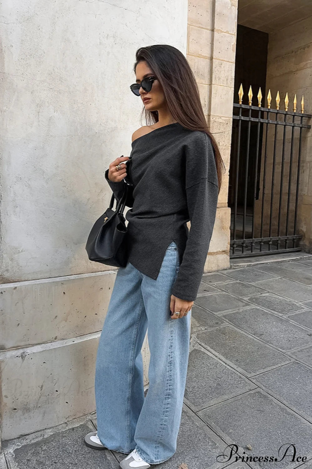 Black Off Shoulder Knit Slim Long Sleeve Tee