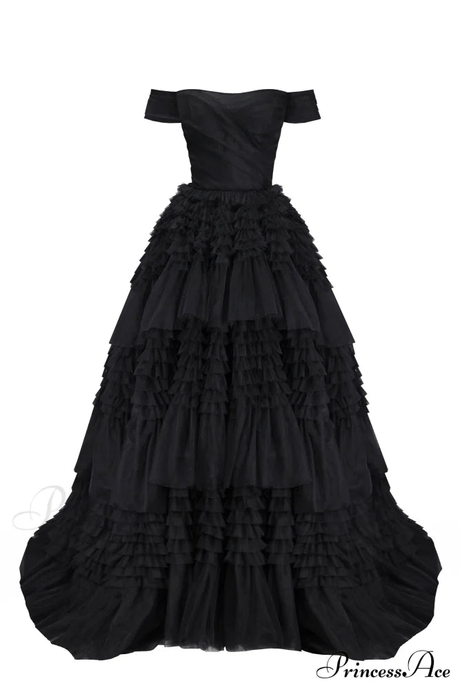 Black Off-The-Shoulder Stylish Frill-Layered Gown Xxs / Dress