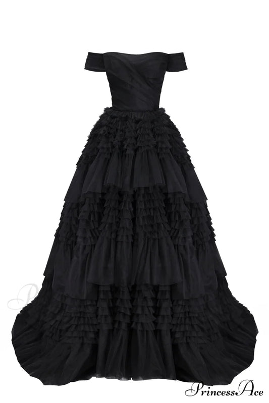 Black Off-The-Shoulder Stylish Frill-Layered Gown Xxs / Dress