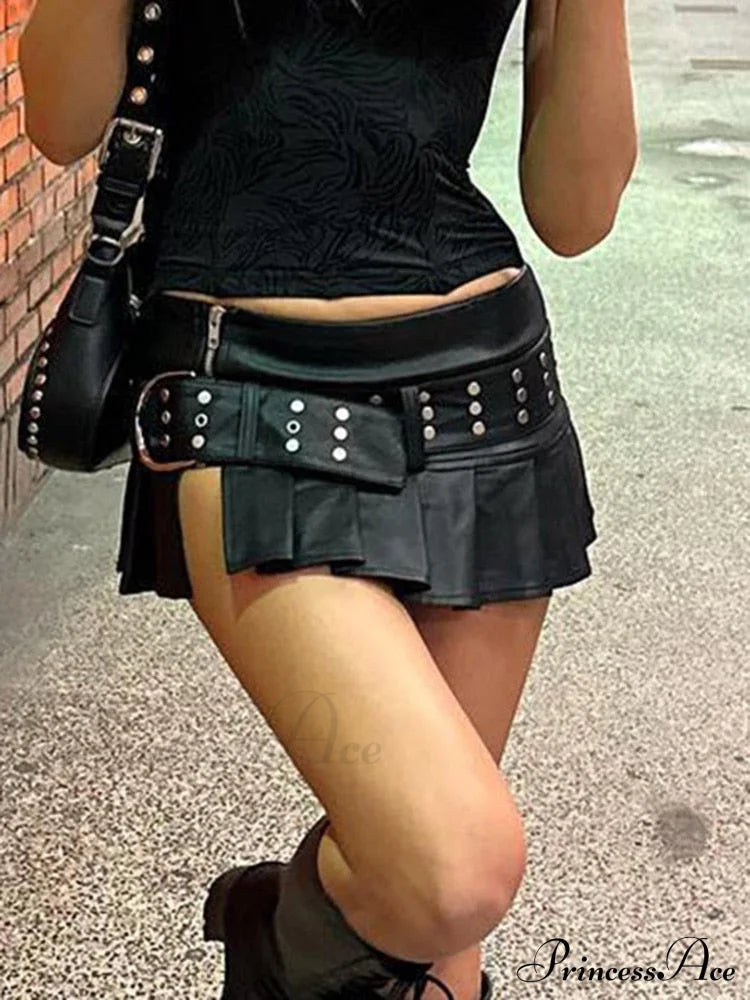 Black Pleated Belted Charming Slit Micro Mini Skirt