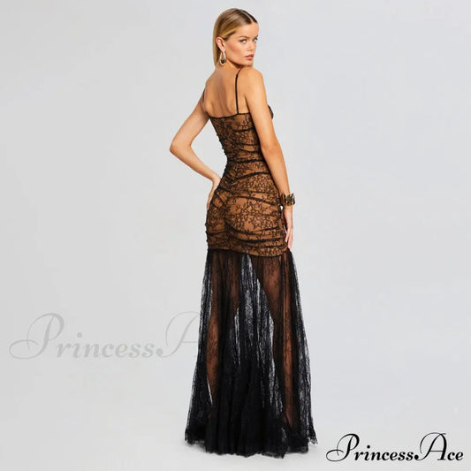 Black Pleated Lace Halter Party Dress Partydress-241208