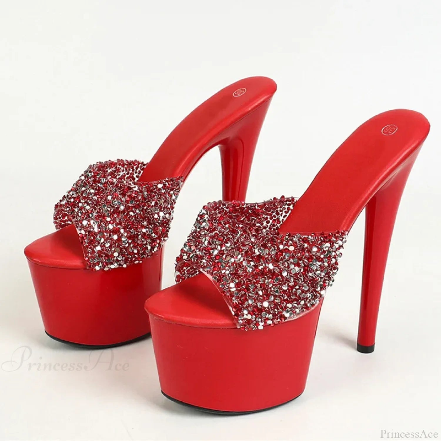 Black Red Sequined Transparent Platform Peep-Toe Sexyfashionable Slippers Stripper High Heel / 34