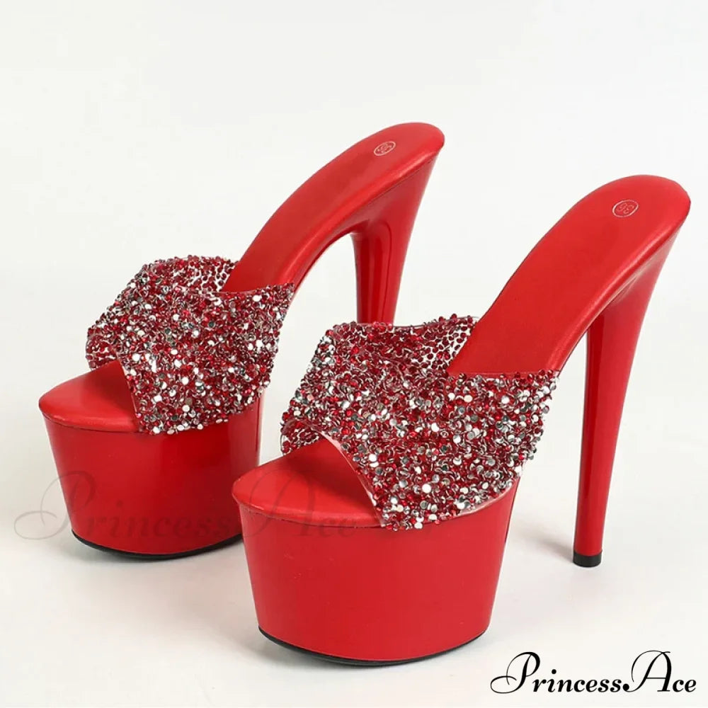 Black Red Sequined Transparent Platform Peep-Toe Sexyfashionable Slippers Stripper High Heel / 34