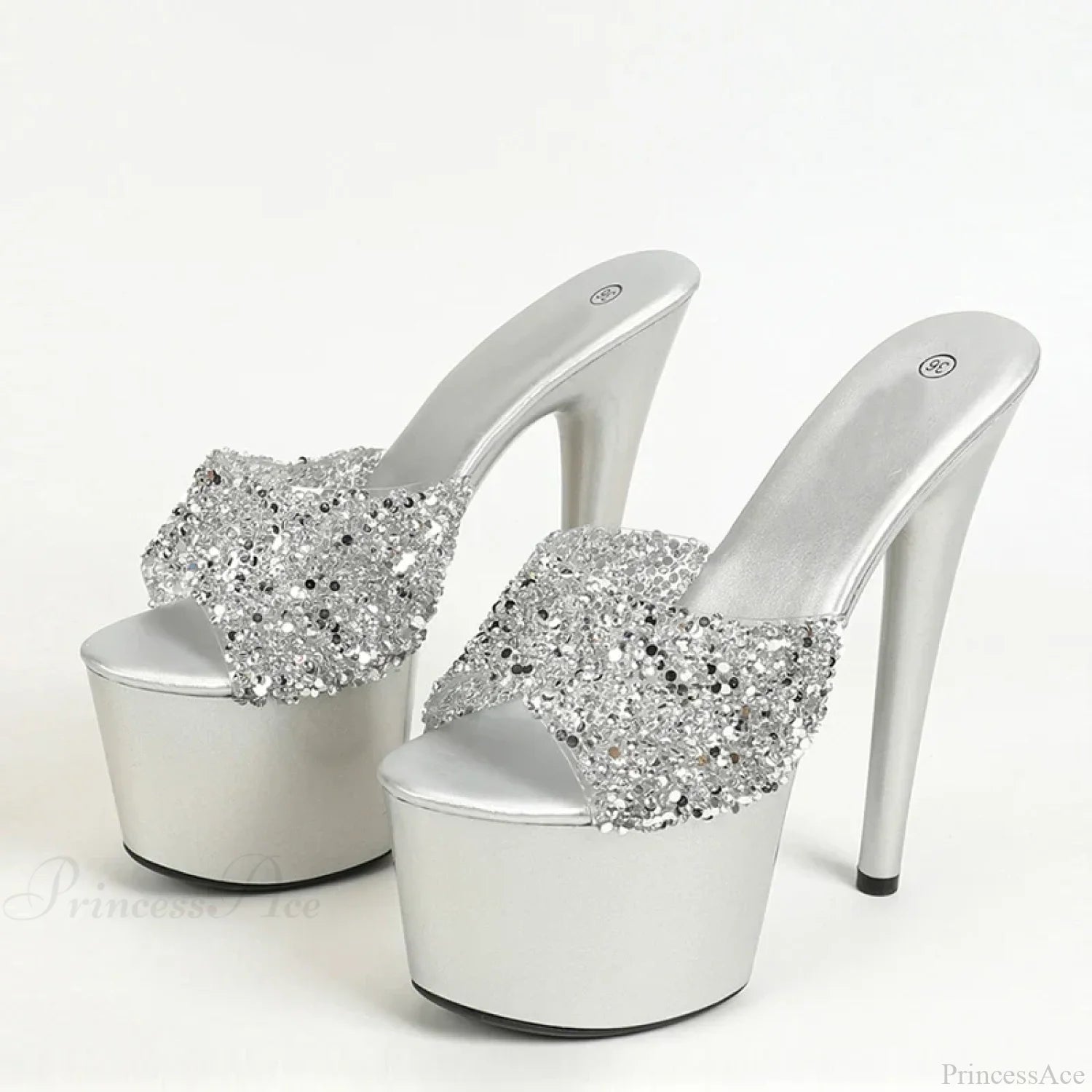 Black Red Sequined Transparent Platform Peep-Toe Sexyfashionable Slippers Stripper High Heel Silver