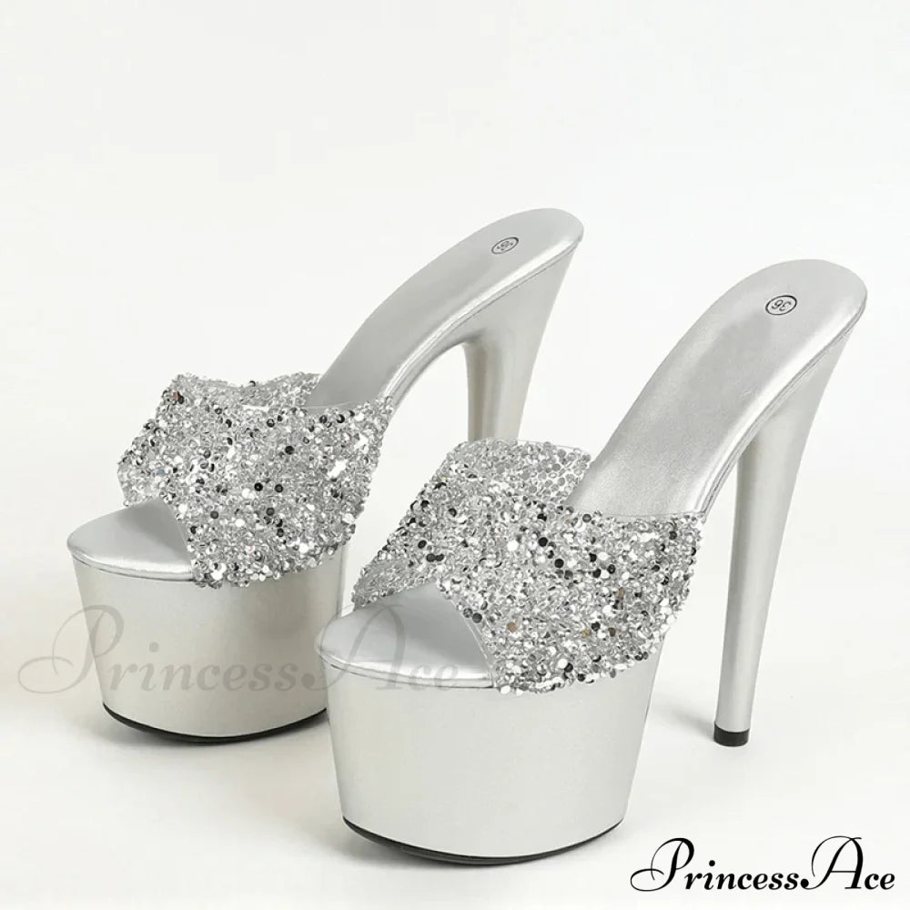 Black Red Sequined Transparent Platform Peep-Toe Sexyfashionable Slippers Stripper High Heel Silver