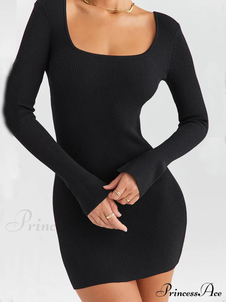 Black Ribbed Stylish Knit Mini Dress Dresses