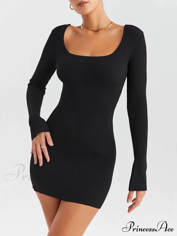 Black Ribbed Stylish Knit Mini Dress Dresses