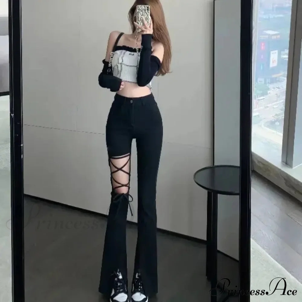 Black Ripped High-Waisted Wide-Leg Summer Thin Drape Ice Silk Strap Micro Flared Feynzz’s Jean / S