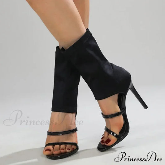 Black Roman Elastic Fabric Sexy Peep Toe Slip-On Thin High Heel Mid Calf Cool Booties Modern / 35