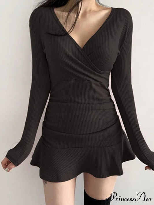 Black Ruched Graceful Bodycon Mini Dress Dresses