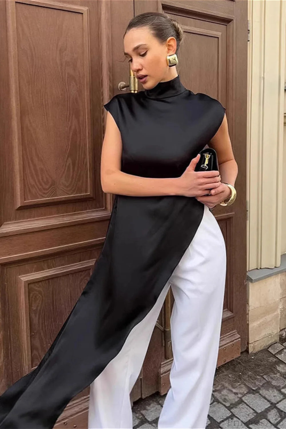 Black Satin Asymmetrical Layered Blouse