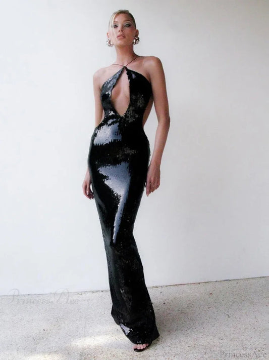 Black Sequin Long Party Dress Partydress-241208