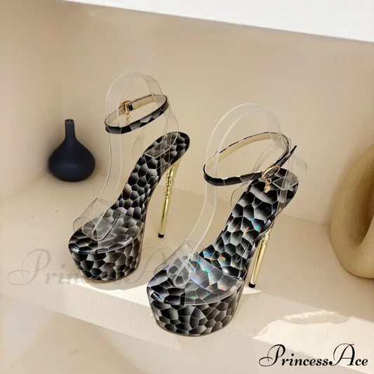 Black Sexy Mesh Butterfly-Knot Decoration One Word Peep Toebuckle Strap Cover Heel Thin High Heeled