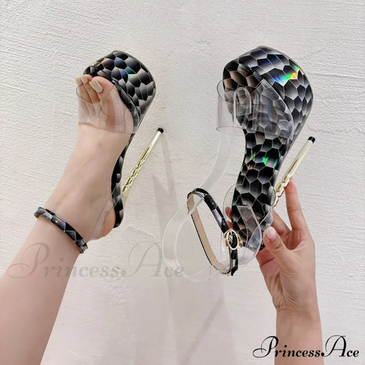 Black Sexy Mesh Butterfly-Knot Decoration One Word Peep Toebuckle Strap Cover Heel Thin High Heeled