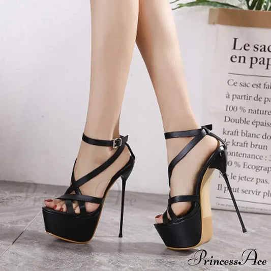 Black Sexy Open Toes Gladiator Super High Heel Pumps Ladies Broadband Back Zipper Party Wedding / 34