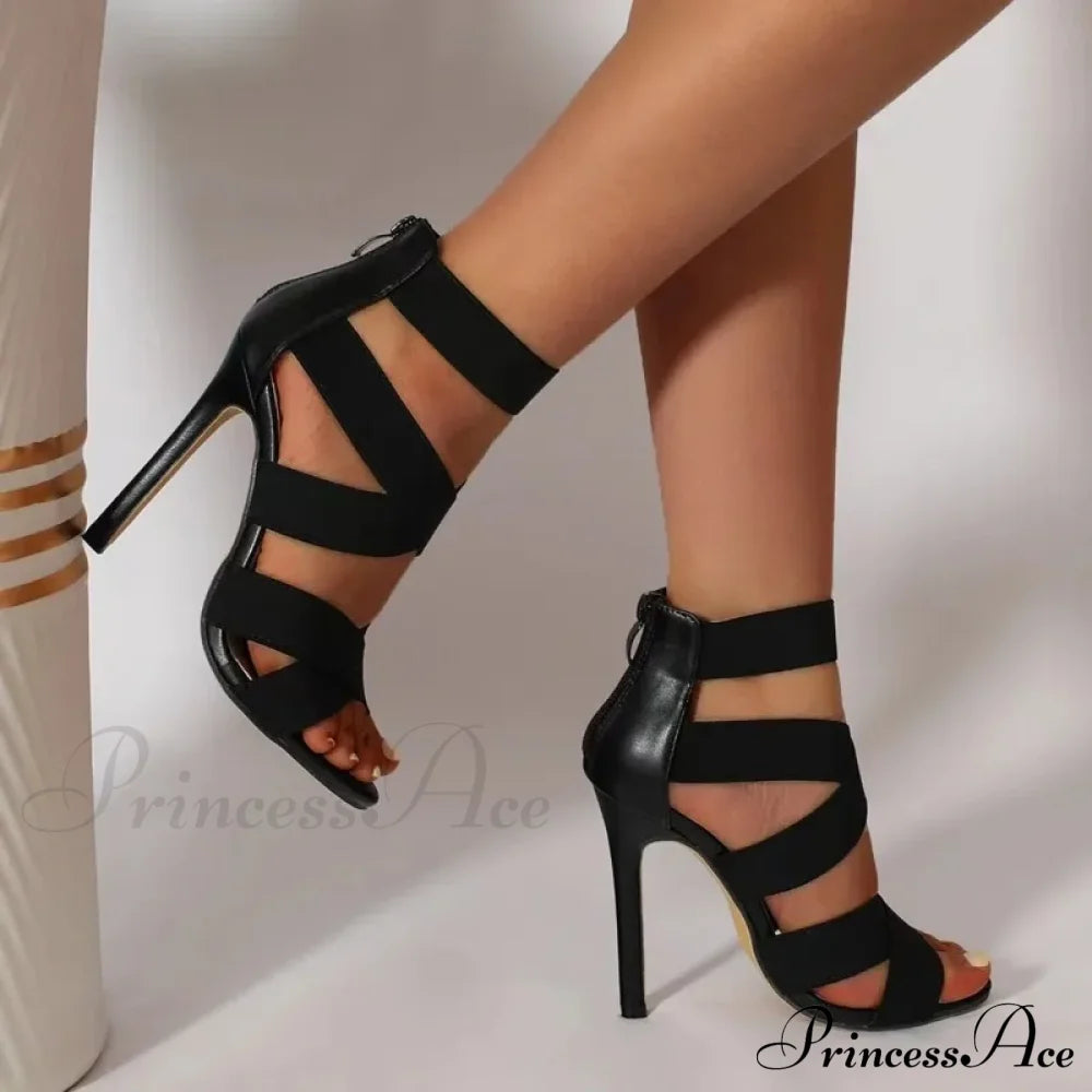 Black Sexy Open Toes Gladiator Super High Heel Pumps Ladies Broadband Back Zipper Party Wedding