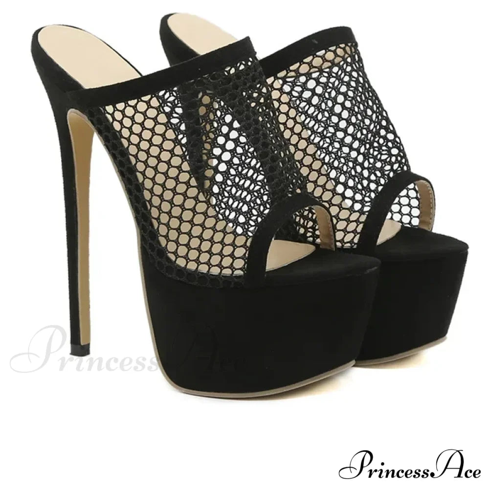 Black Sexy Peep Toe Platform Mesh Hollow Out 16Cm Thin High Heel Pole Dance Shoes