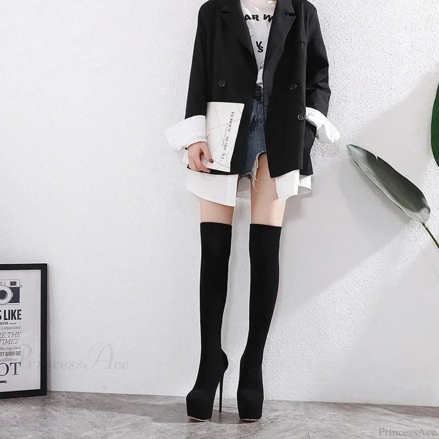 Black Sexy Thigh High Long Socks Boots Pointed Toe 16Cm Heels Platform Slim Elastic Heel / 35