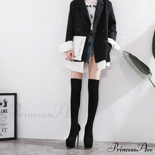 Black Sexy Thigh High Long Socks Boots Pointed Toe 16Cm Heels Platform Slim Elastic Heel / 35