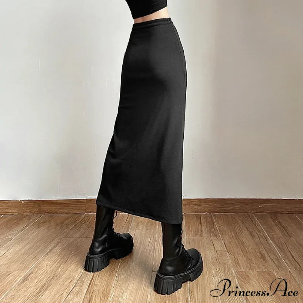 Black Sexy Women A-Line Slits High Waist Slim Hip-Covering Solid Mid-Length Long Streetwear Skirt