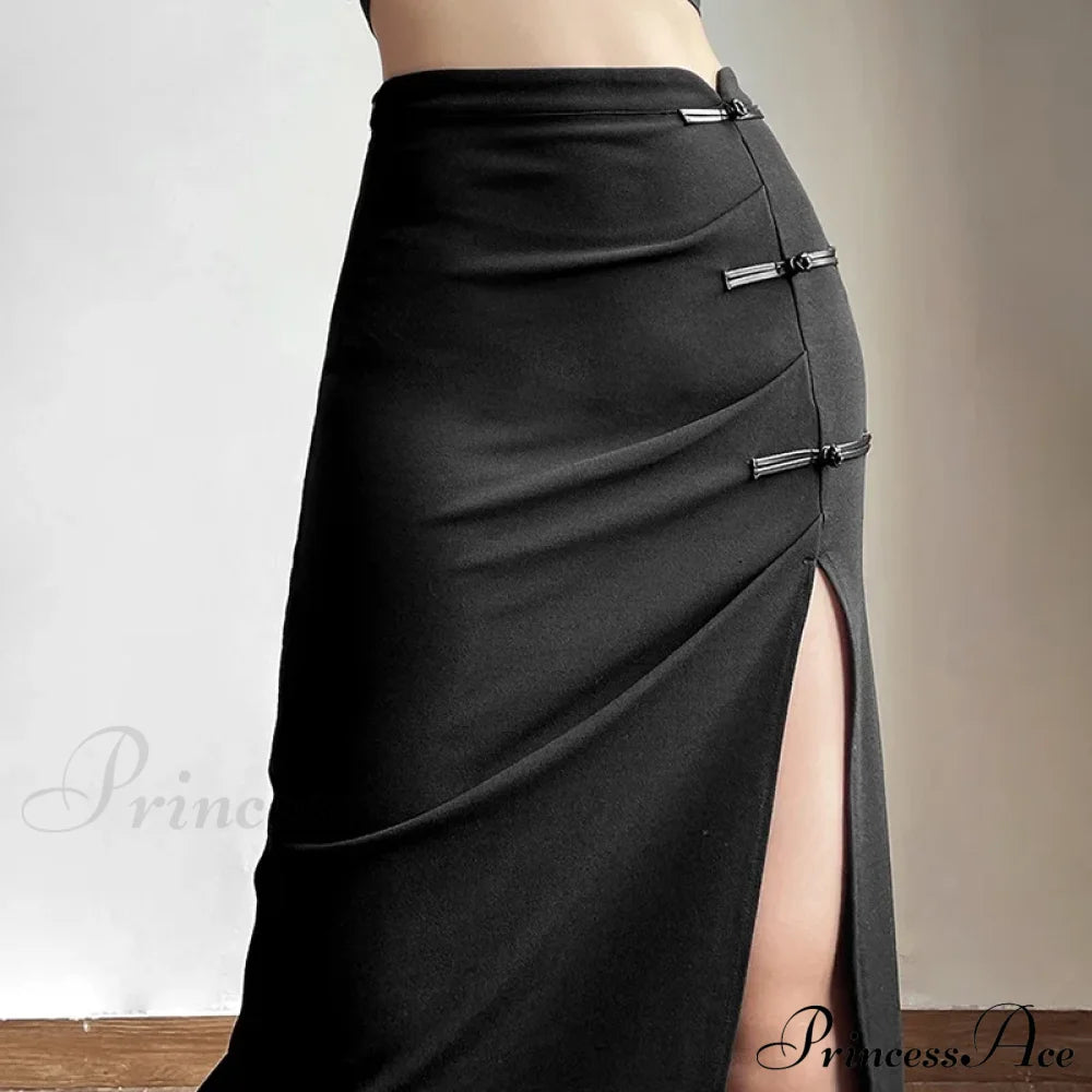 Black Sexy Women A-Line Slits High Waist Slim Hip-Covering Solid Mid-Length Long Streetwear Skirt