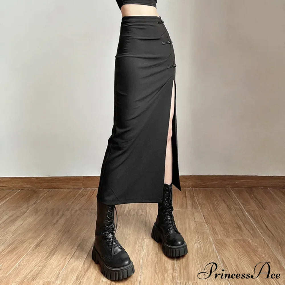 Black Sexy Women A-Line Slits High Waist Slim Hip-Covering Solid Mid-Length Long Streetwear Skirt