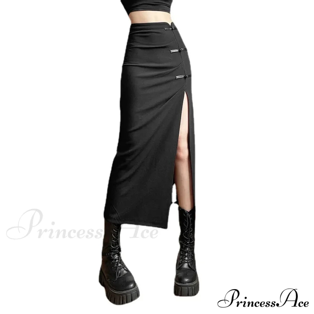 Black Sexy Women A-Line Slits High Waist Slim Hip-Covering Solid Mid-Length Long Streetwear Skirt