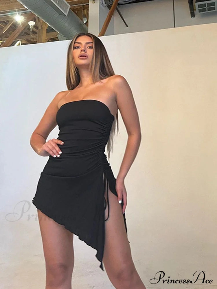 Black Side Split Charming Tube Mini Dress