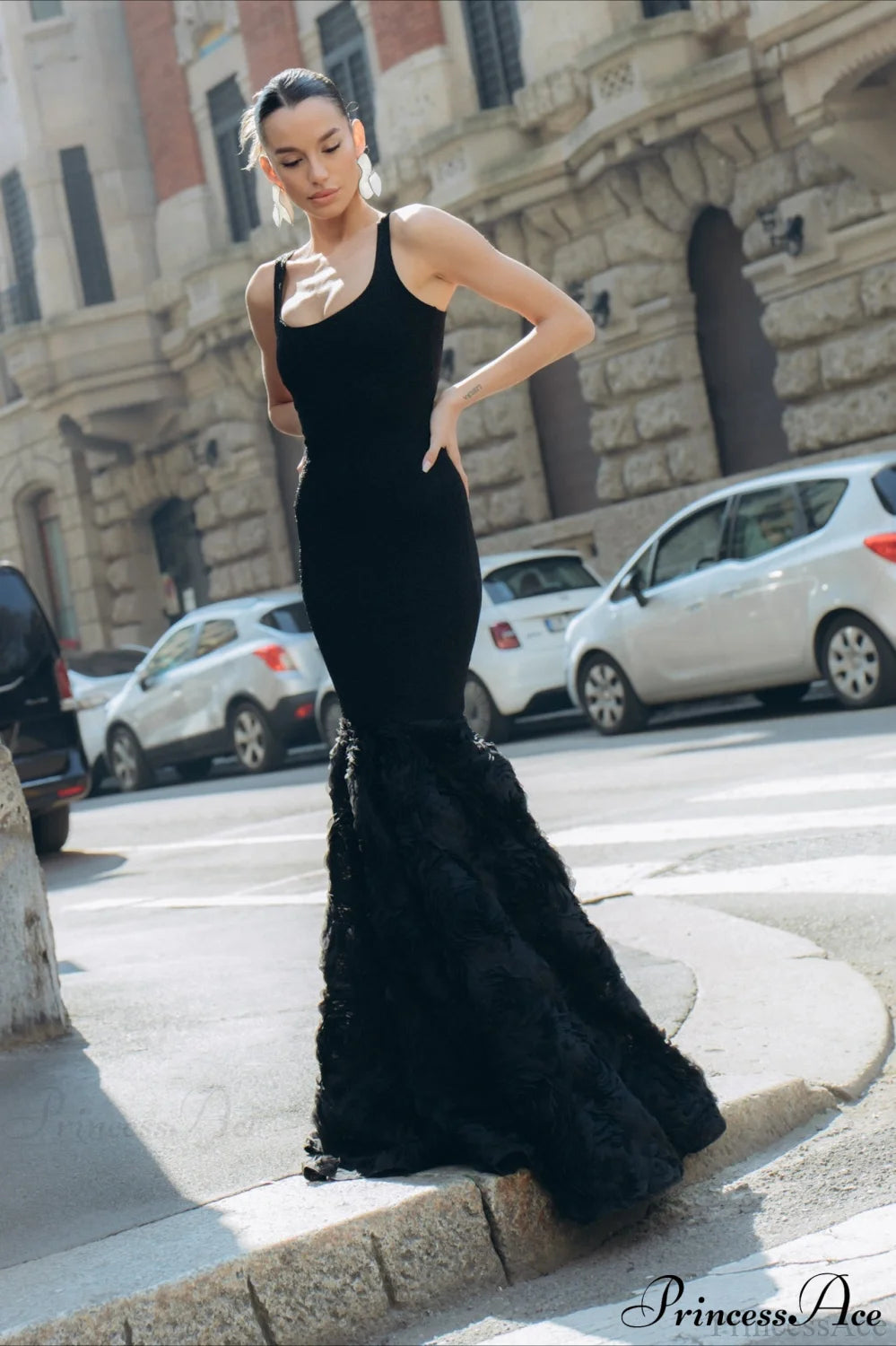 Black Sparkle Silver Thread Rose Hem Party Dress