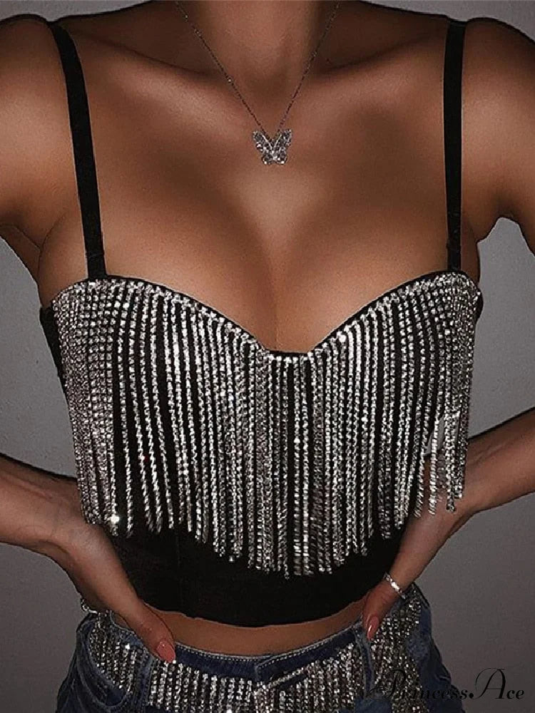 Black Strap Crop Top With Rhinestone Fringe Free From Label