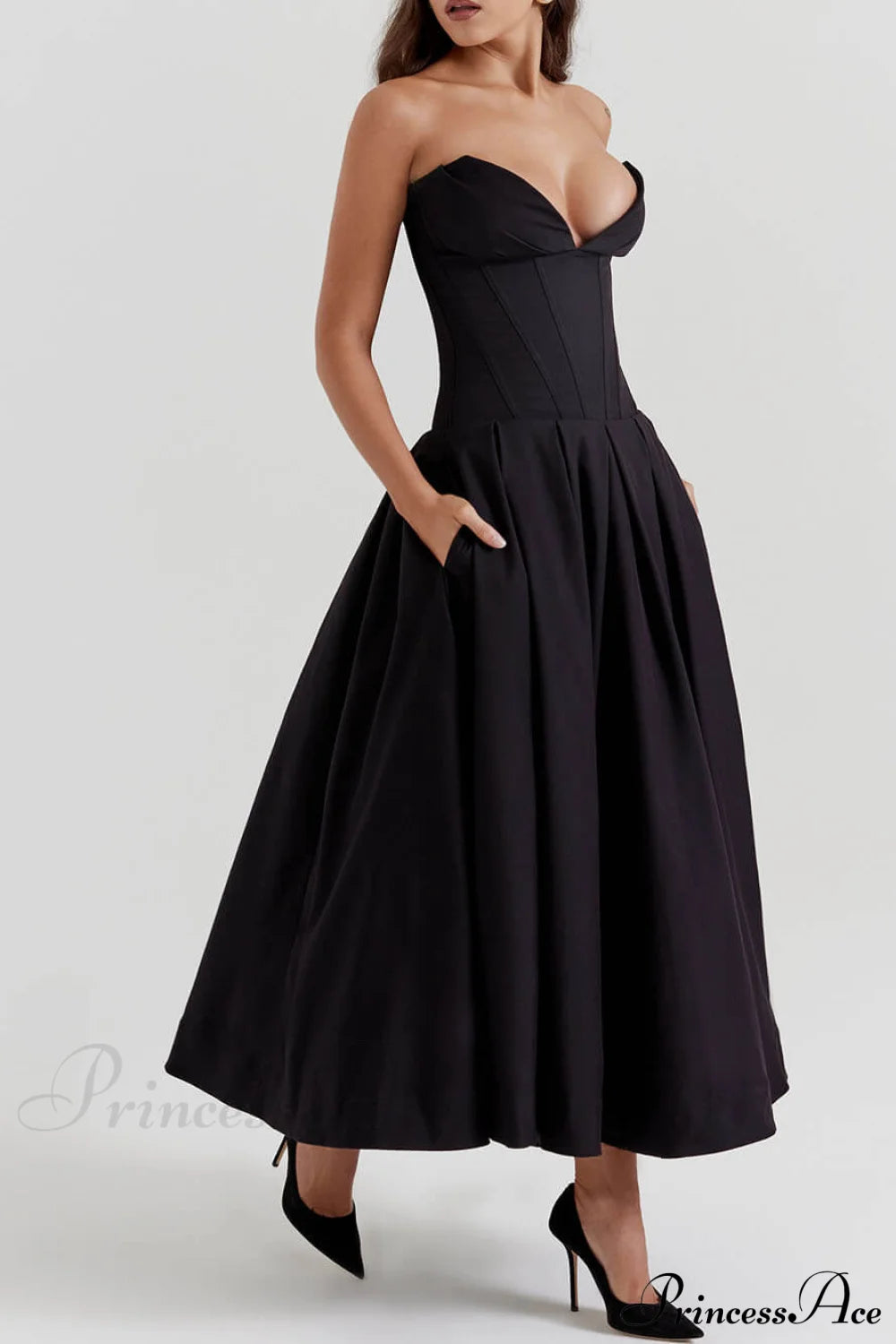 Black Strapless Stylish Midi Dress Dresses
