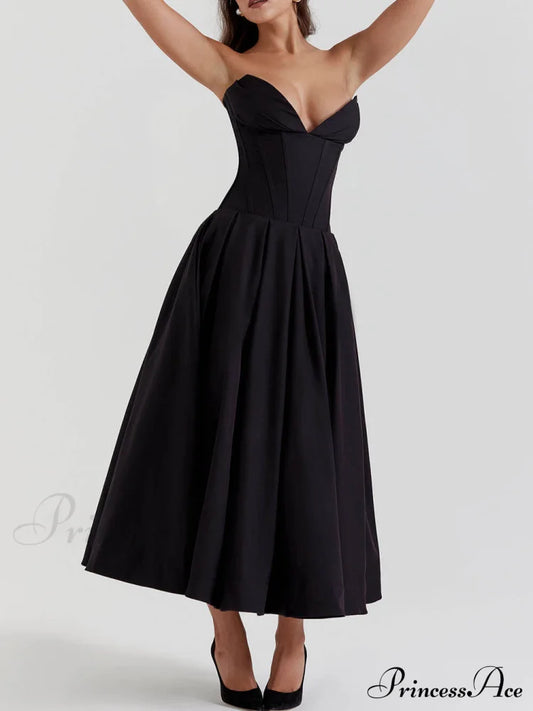 Black Strapless Stylish Midi Dress Dresses