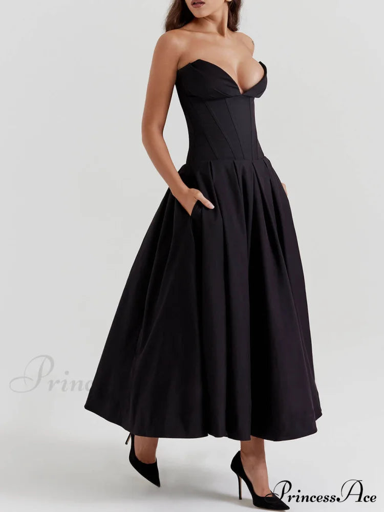 Black Strapless Stylish Midi Dress Dresses