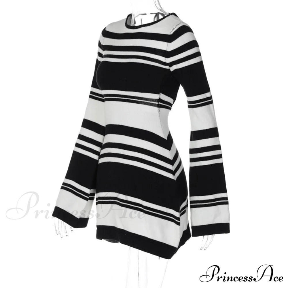 Black Stripe Knit Backless Graceful Long Sleeve Mini Dress