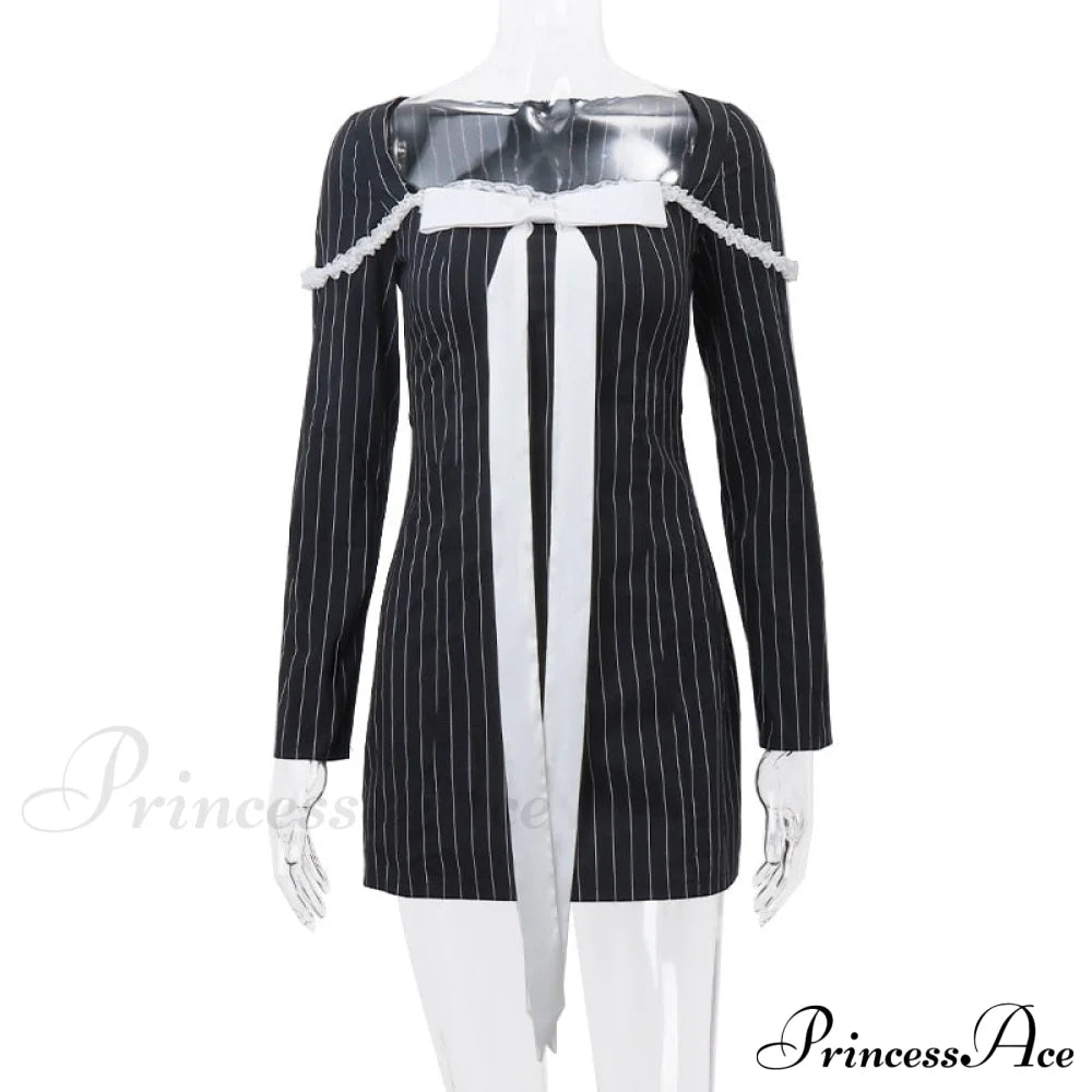 Black Stripe Long Charming Sleeve Bow Mini Dress