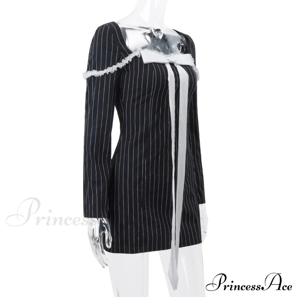 Black Stripe Long Charming Sleeve Bow Mini Dress