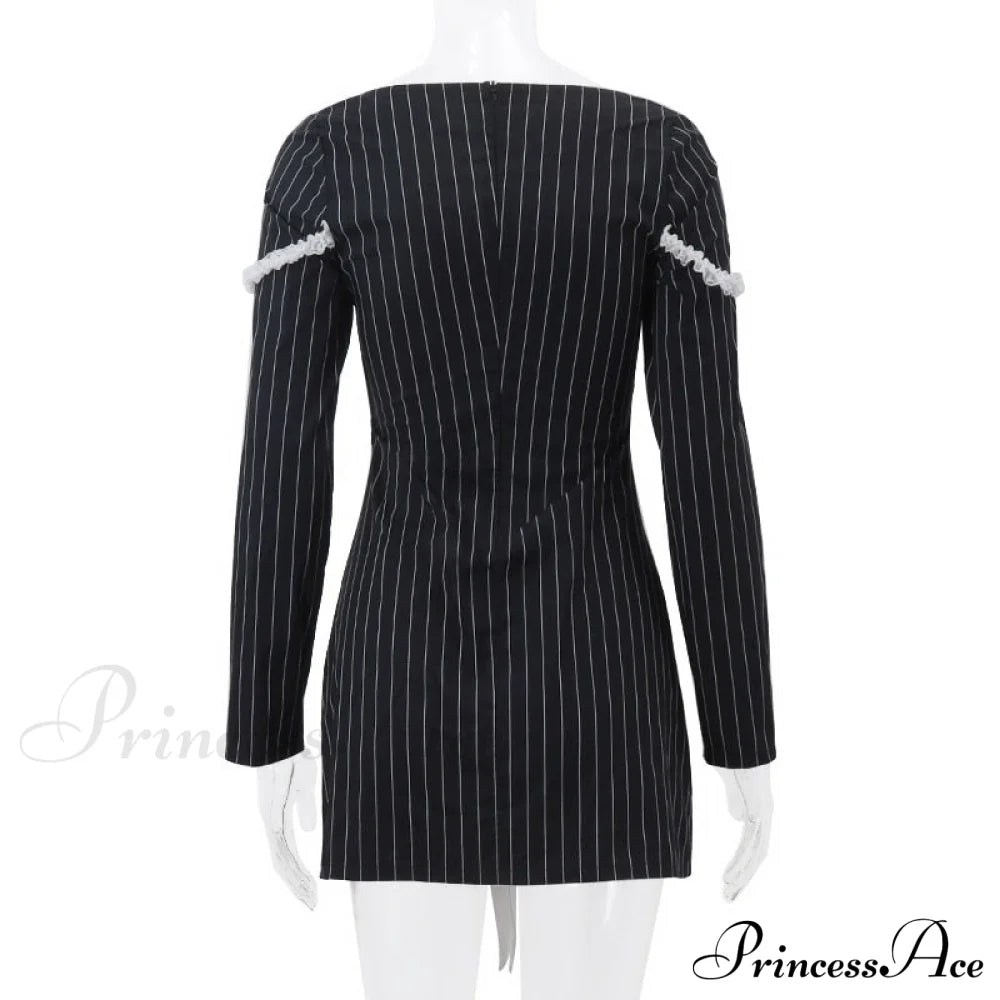 Black Stripe Long Charming Sleeve Bow Mini Dress