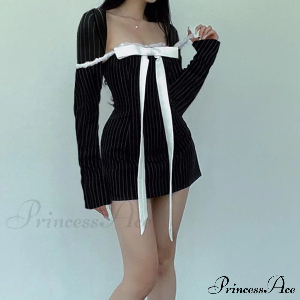 Black Stripe Long Charming Sleeve Bow Mini Dress