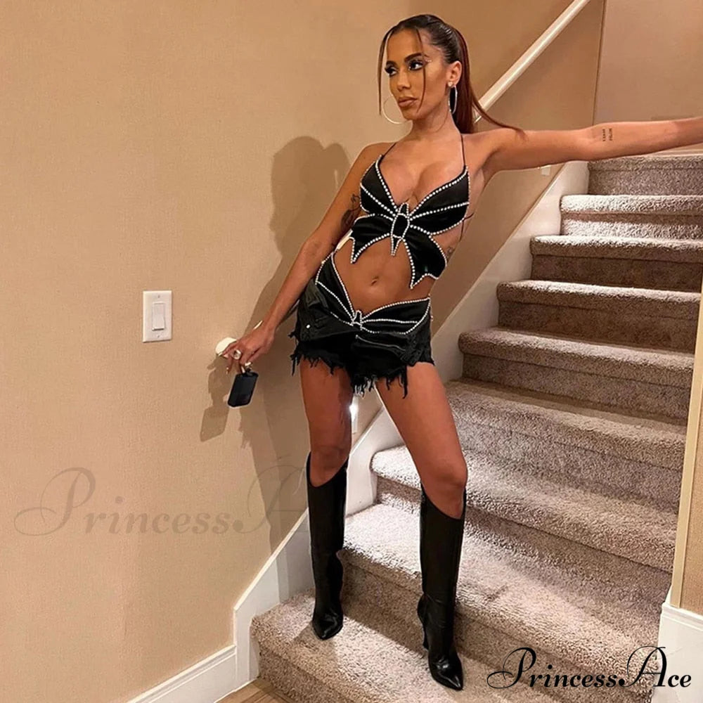 Black Stud Stylish Butterfly Crop Top