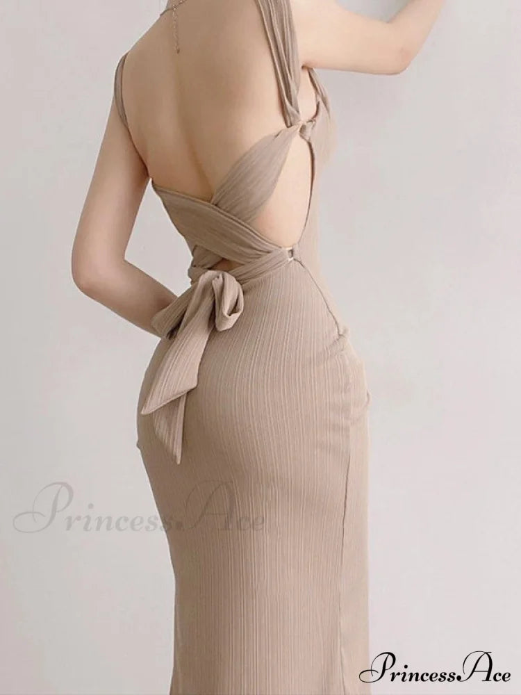 Black Tank Long Bodycon Dress With Tie Back L / Khaki Bodycon Dress