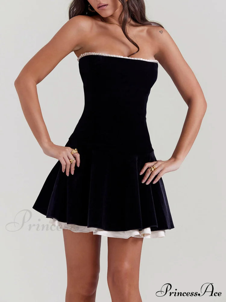 Black Velvet Stylish Strapless Dress / S Dresses