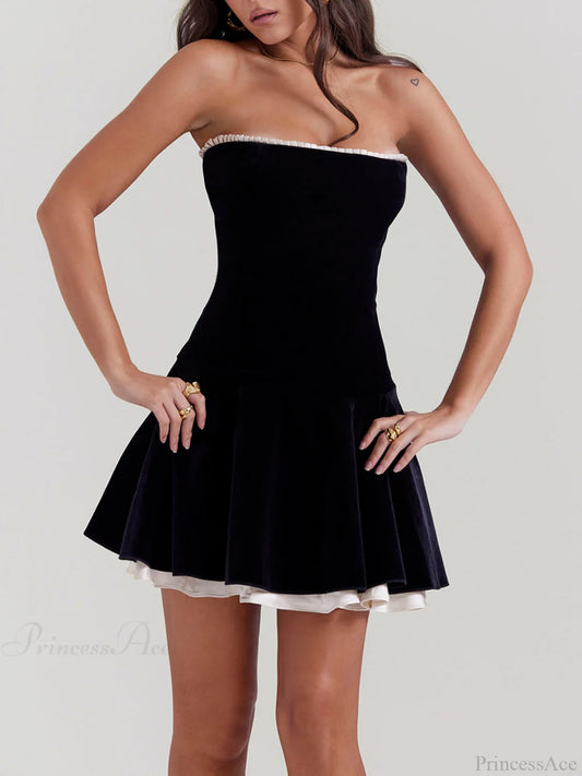 Black Velvet Stylish Strapless Dress / S Dresses