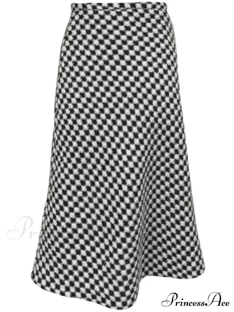 Black White Thousand Bird Plaid Thickened High Waisted Knitted A-Line Skirt