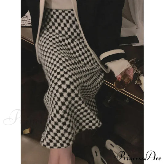 Black White Thousand Bird Plaid Thickened High Waisted Knitted A-Line Skirt Gray / S