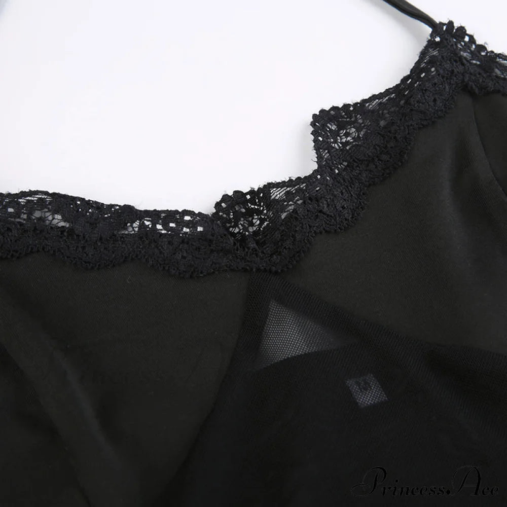 Black - With Mesh T-Shirt Rave Patchwork Sexy Goth Lace Clubwear