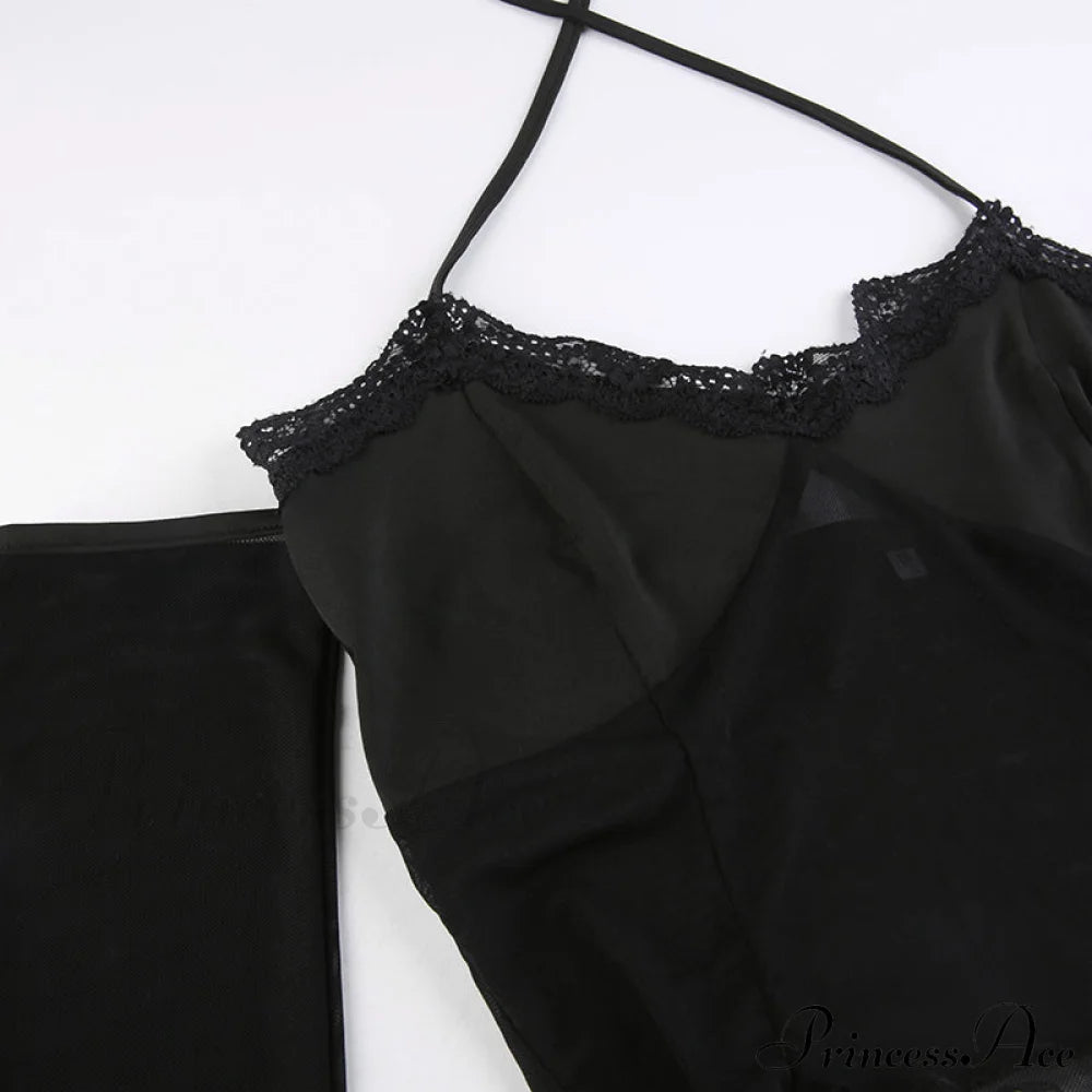 Black - With Mesh T-Shirt Rave Patchwork Sexy Goth Lace Clubwear